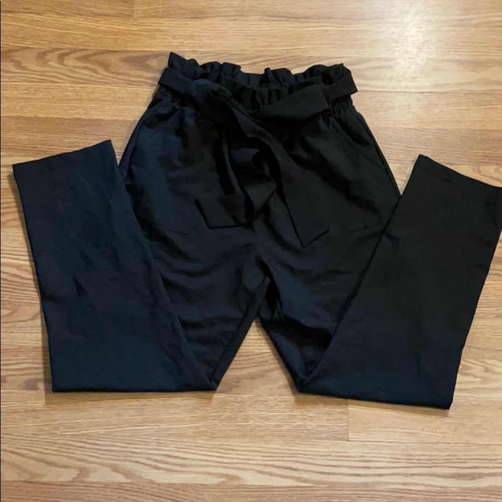 Black Straight-Leg Paper Bag Pants